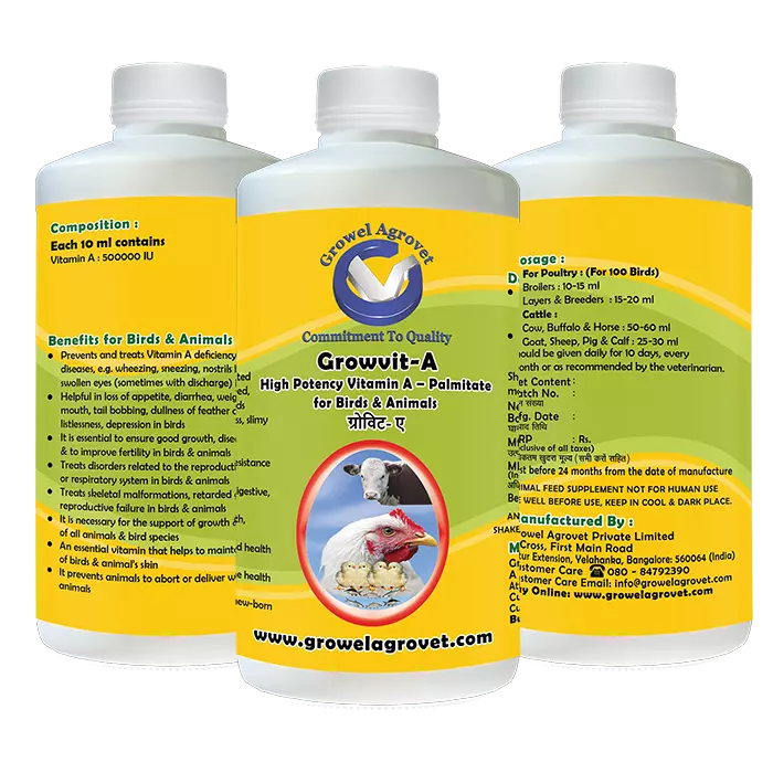 Growvit-A – High Potency Vitamin- A for Poultry, Cattle, Horses, Pigs, Goats, Sheep, Birds, and Pigeons